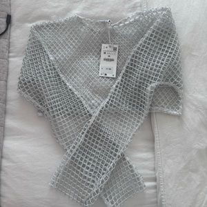 NWT Zara Silver/Gray Mesh long-sleeve Top Size M Brand New